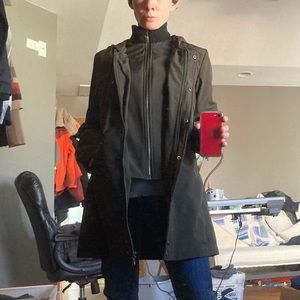 DKNY Hooded Coat/ dark brown/Lots of Pockets/ Slimming/ Small